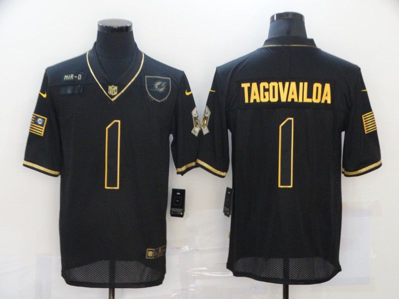 Men Miami Dolphins #1 Tagovailoa Black Retro Gold Lettering 2020 Nike NFL Jersey